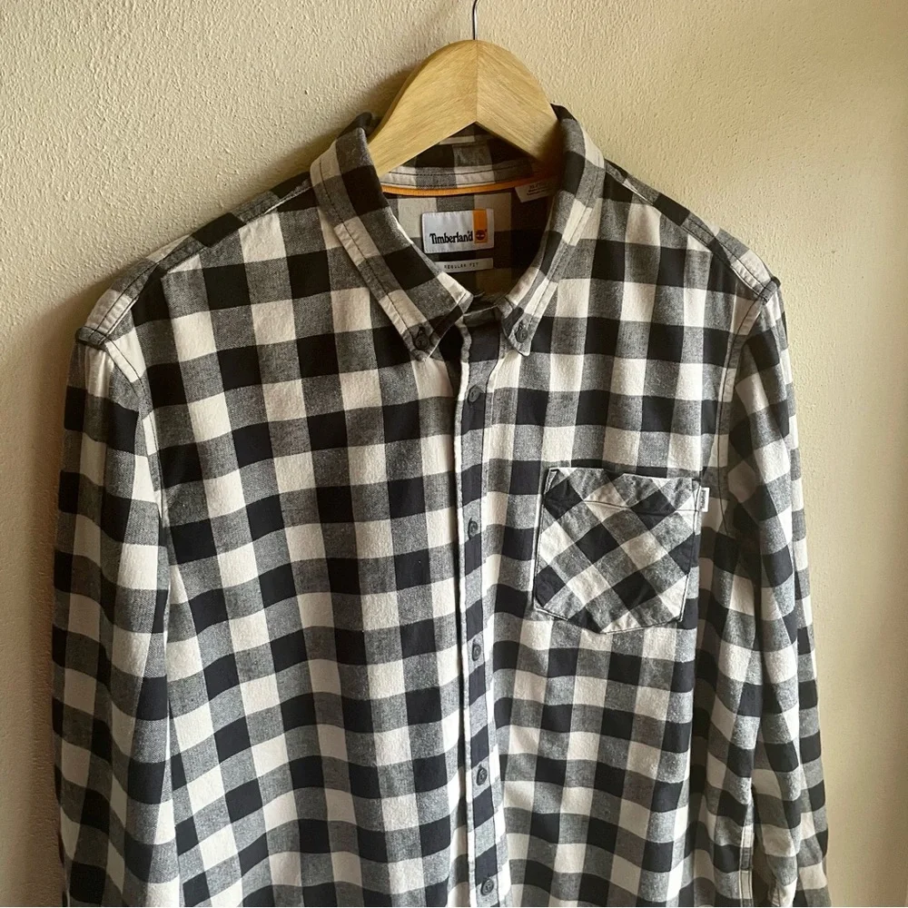 Timberland Flannel/ Chambray Buffalo Check Button-down Shirt. Cream/ Black XL